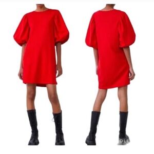 Zara red balloon sleeve cotton pullover mini dress size S